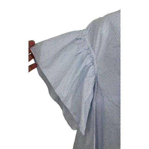 Lane Bryant Blue Pinstripe Button-Up Shirt W/ Ruffle Sleeves & Collar Size 16 - Picture 3 of 9